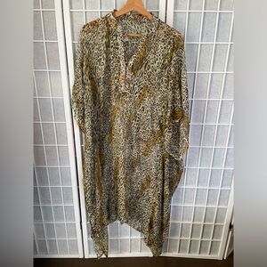Yoshi Leopard Print Sheer Chiffon Midi Caftan, Black and Brown Beaded, One Size.